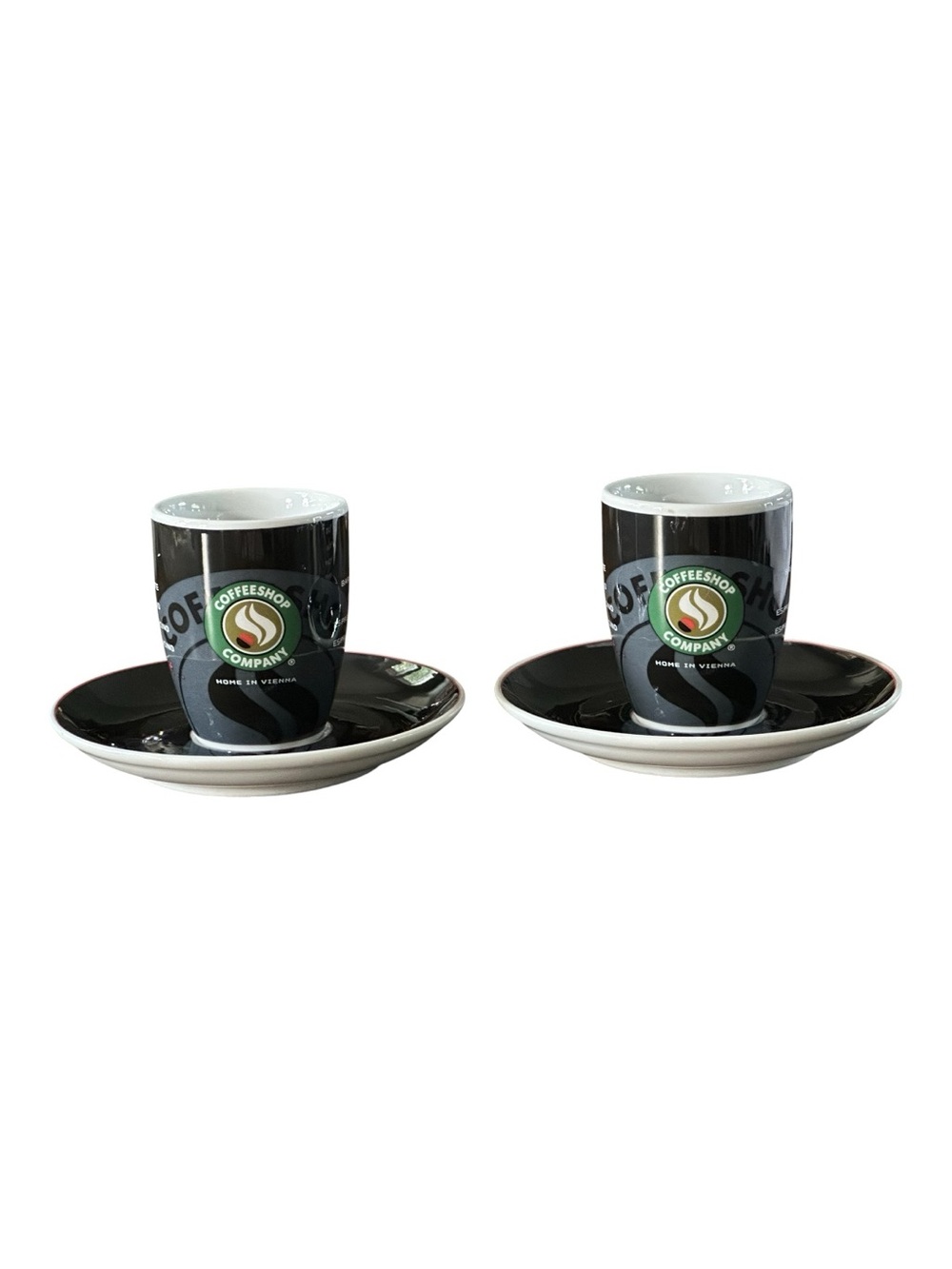 CoffeeShop Black and White Logo Espresso Cup Set with Saucers (Pair)